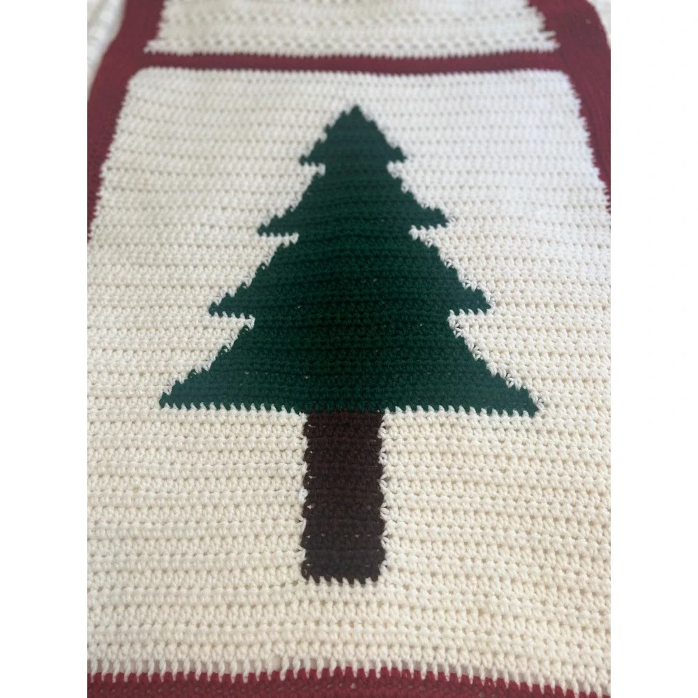 Handmade Crochet Christmas Tree Blanket Red White Green Holiday Throw 24